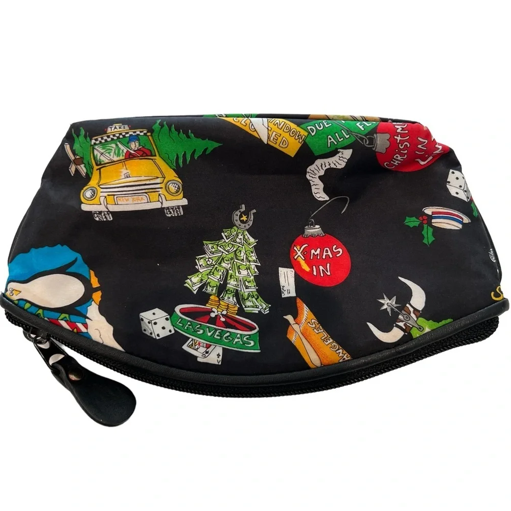 VTG 1994 Nicole Miller Silk Cosmetic Pouch Leather Trim Christmas Ski Travel